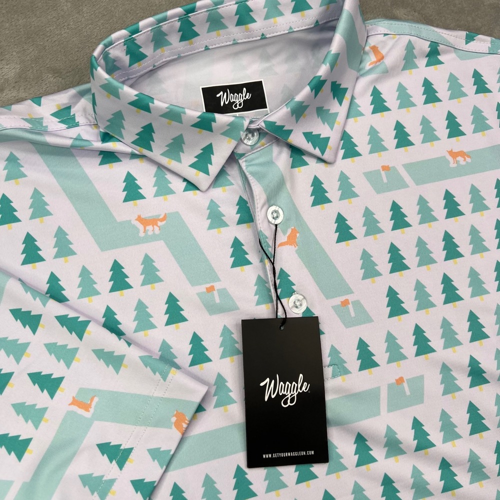 Waggle Fox Holes Polo Shirt Mens Large White Green Fox Print Stretch Performance - Picture 1 of 11